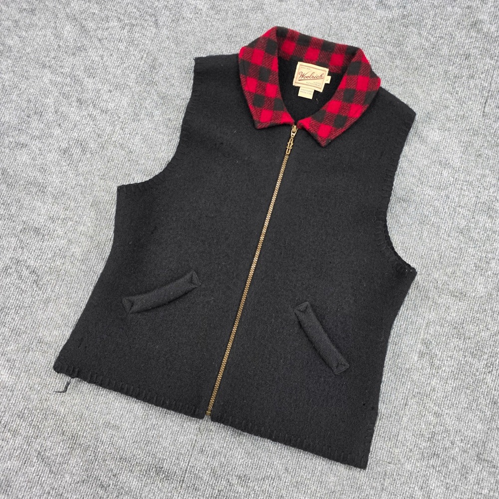Woolrich Mens Wool Vest Black Buffalo Plaid Collar Zip Up Handframed Large 9259